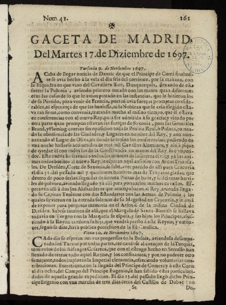 Miniatura de Gaceta de Madrid del 17 de diciembre de 1697, nº 41