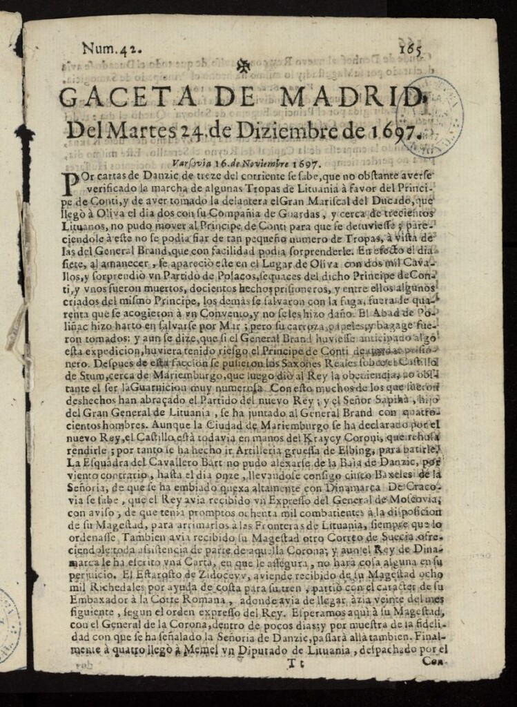 Miniatura de Gaceta de Madrid del 24 de diciembre de 1697, nº 42