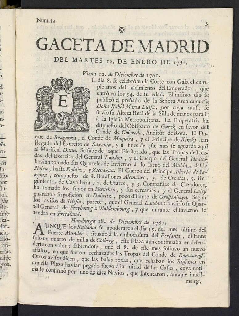 Miniatura de Gaceta de Madrid del 12 de enero de 1762