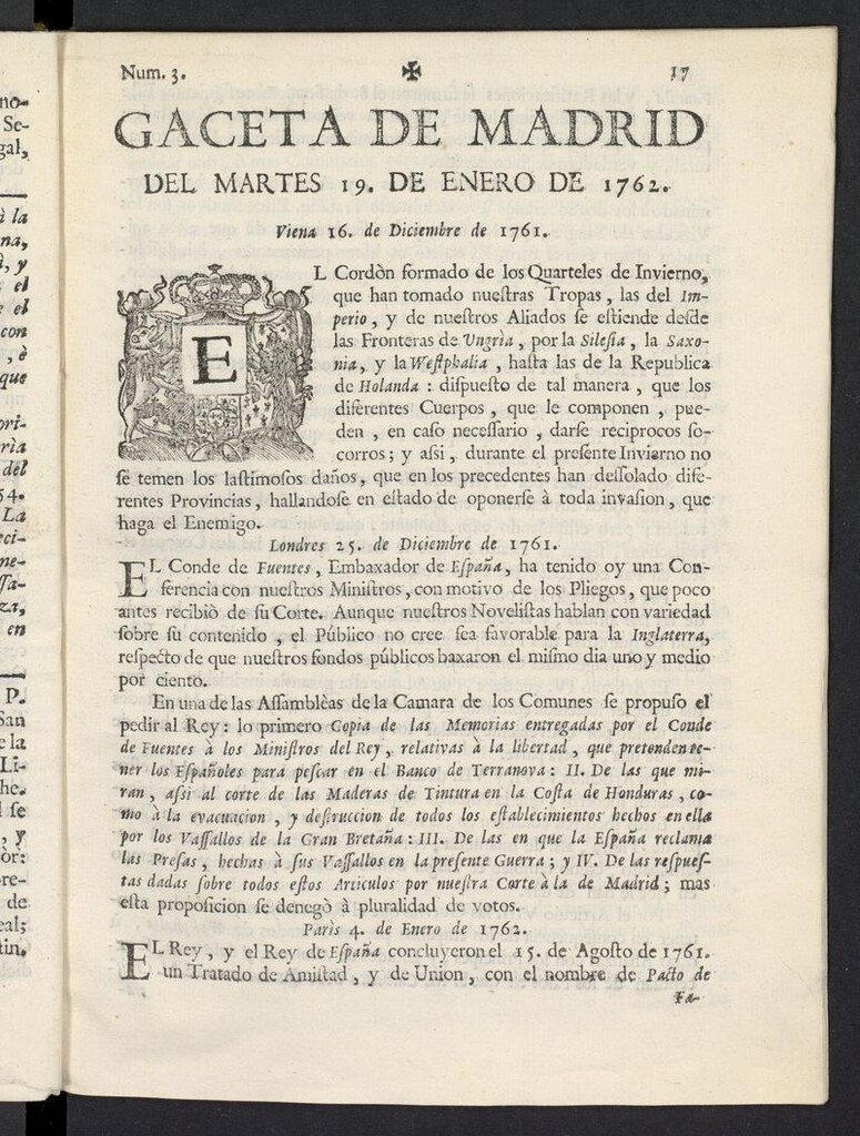 Miniatura de Gaceta de Madrid del 19 de enero de 1762