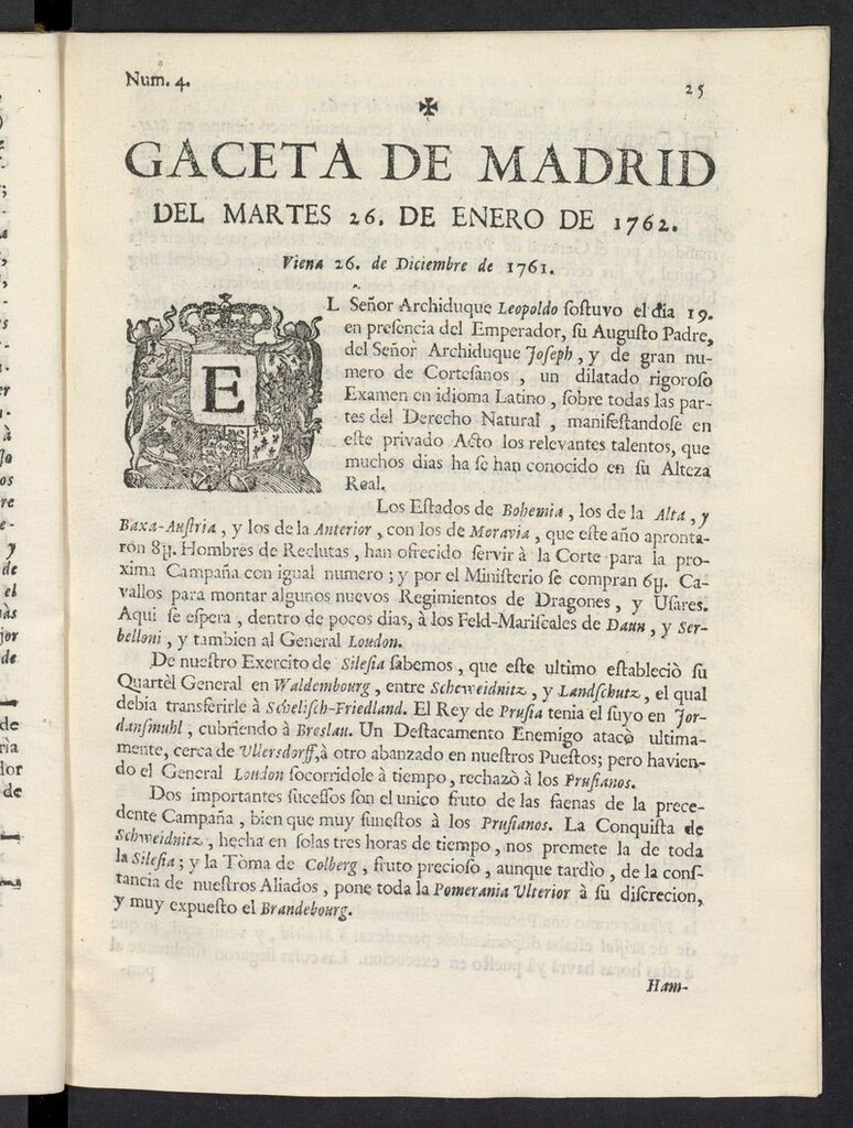 Miniatura de Gaceta de Madrid del 26 de enero de 1762