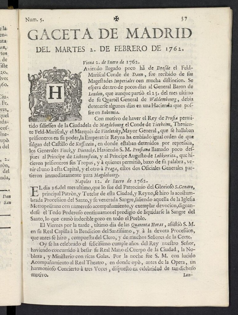 Miniatura de Gaceta de Madrid del 2 de febrero de 1762