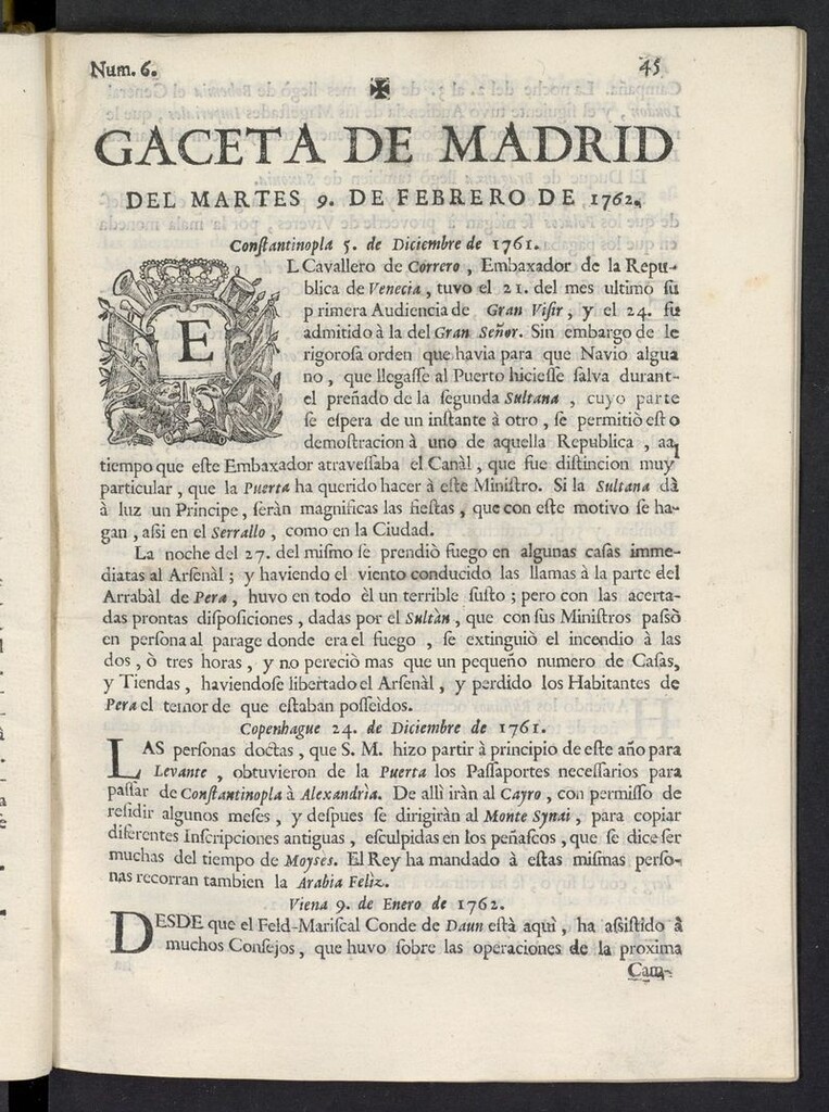 Miniatura de Gaceta de Madrid del 9 de febrero de 1762