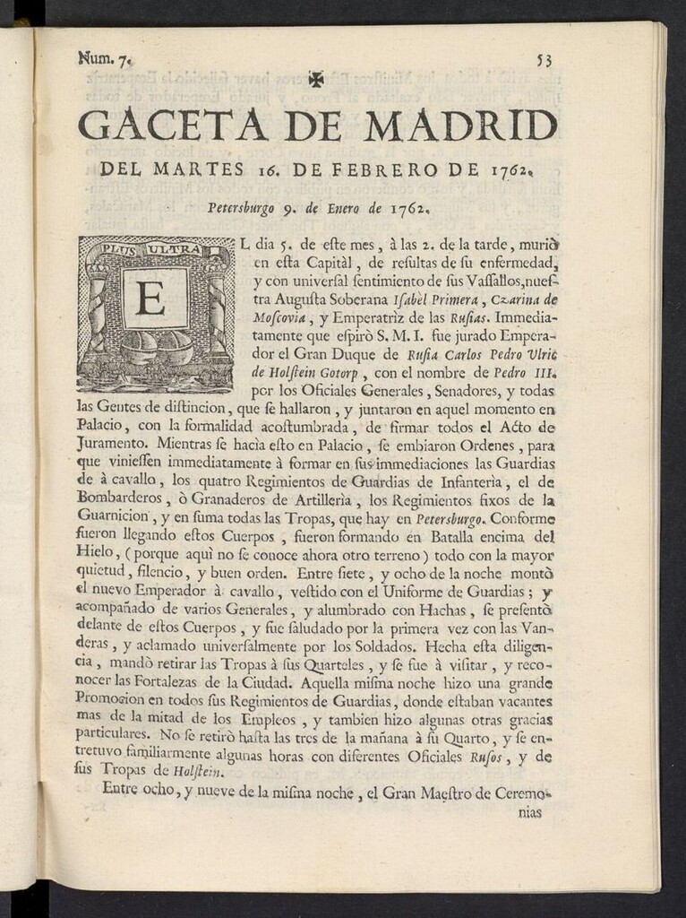 Miniatura de Gaceta de Madrid del 16 de febrero de 1762