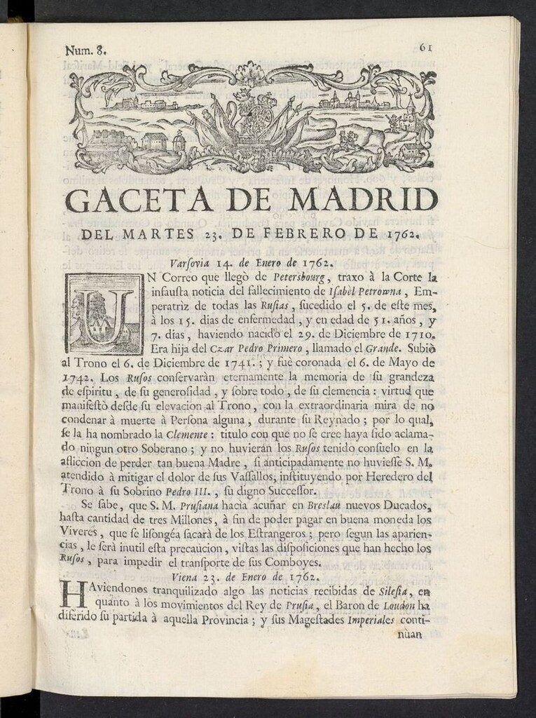 Miniatura de Gaceta de Madrid del 23 de febrero de 1762