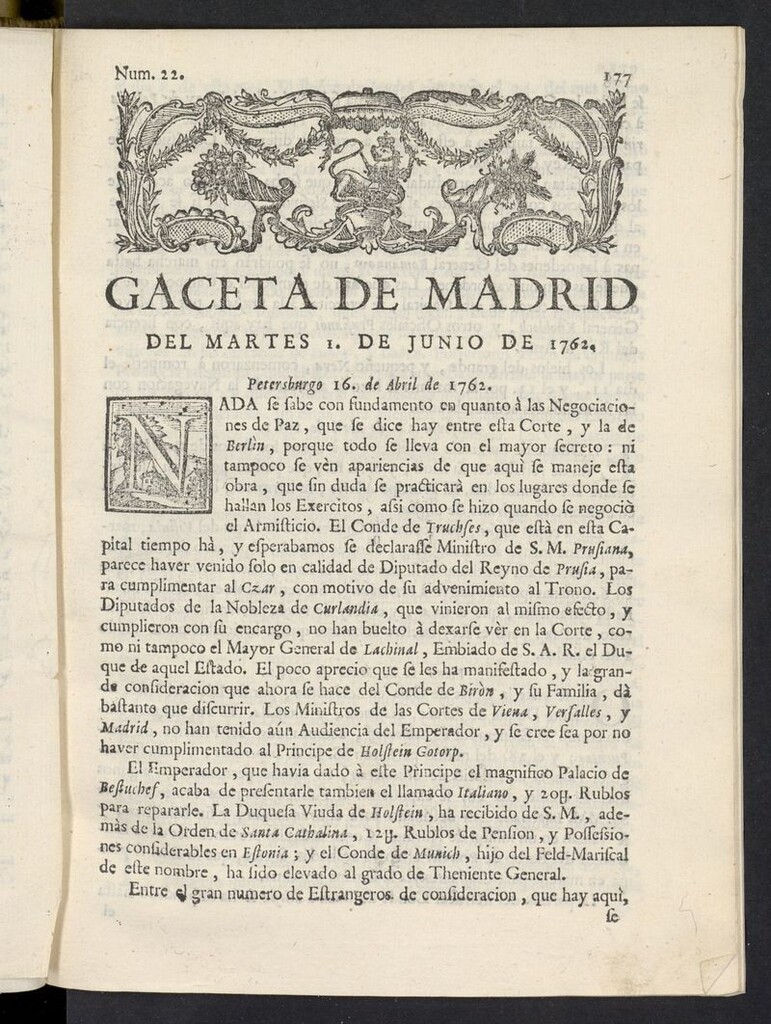 Miniatura de Gaceta de Madrid del 1 de junio de 1762