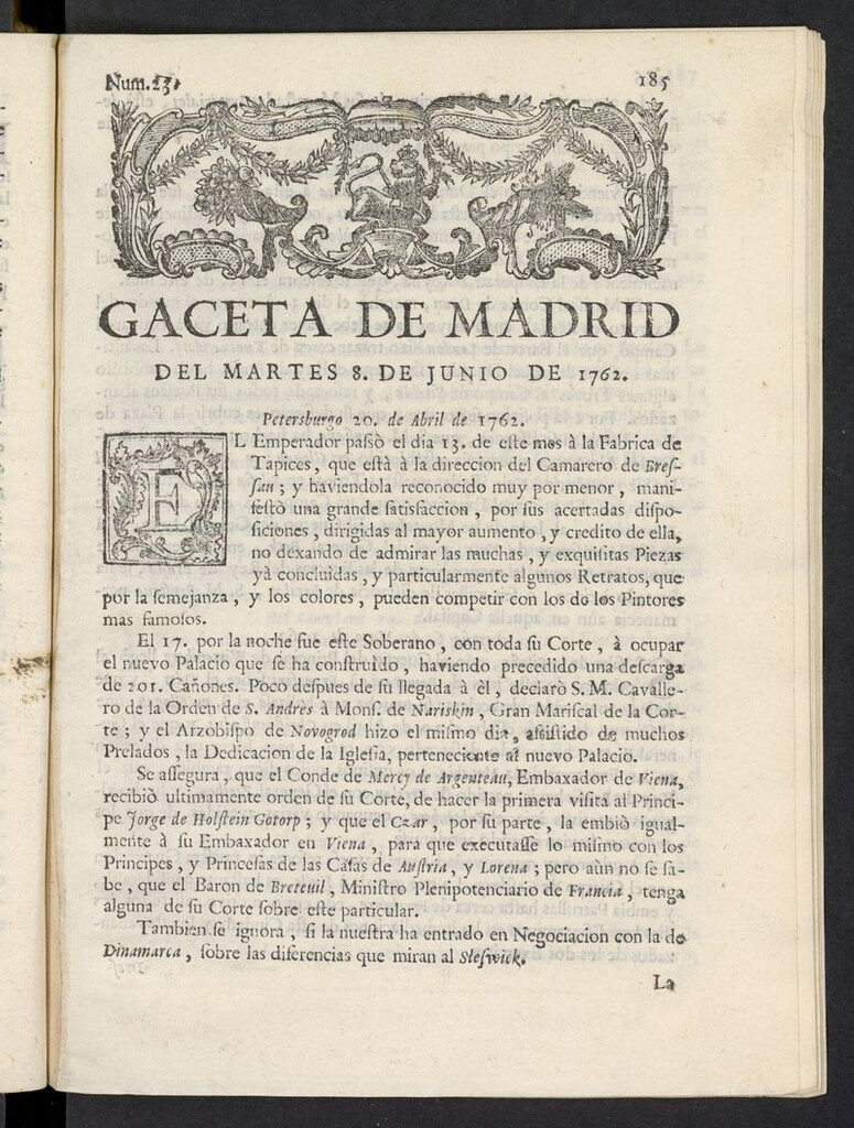 Miniatura de Gaceta de Madrid del 8 de junio de 1762