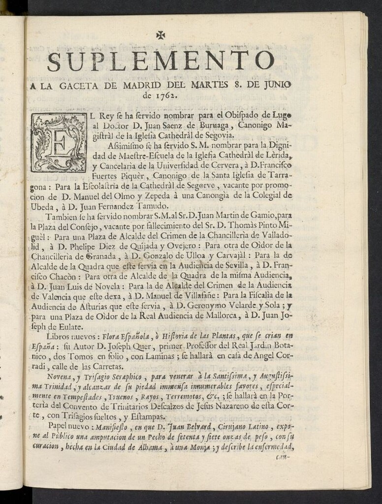 Miniatura de Gaceta de Madrid del 8 de junio de 1762, suplemento