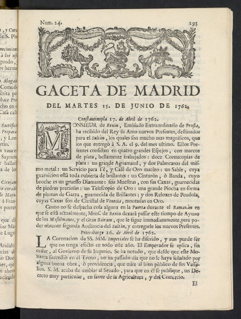 Miniatura de Gaceta de Madrid del 15 de junio de 1762