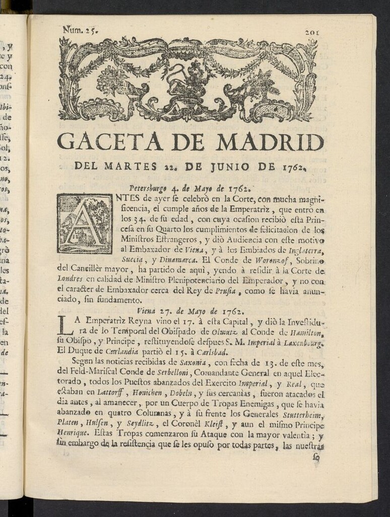 Miniatura de Gaceta de Madrid del 22 de junio de 1762