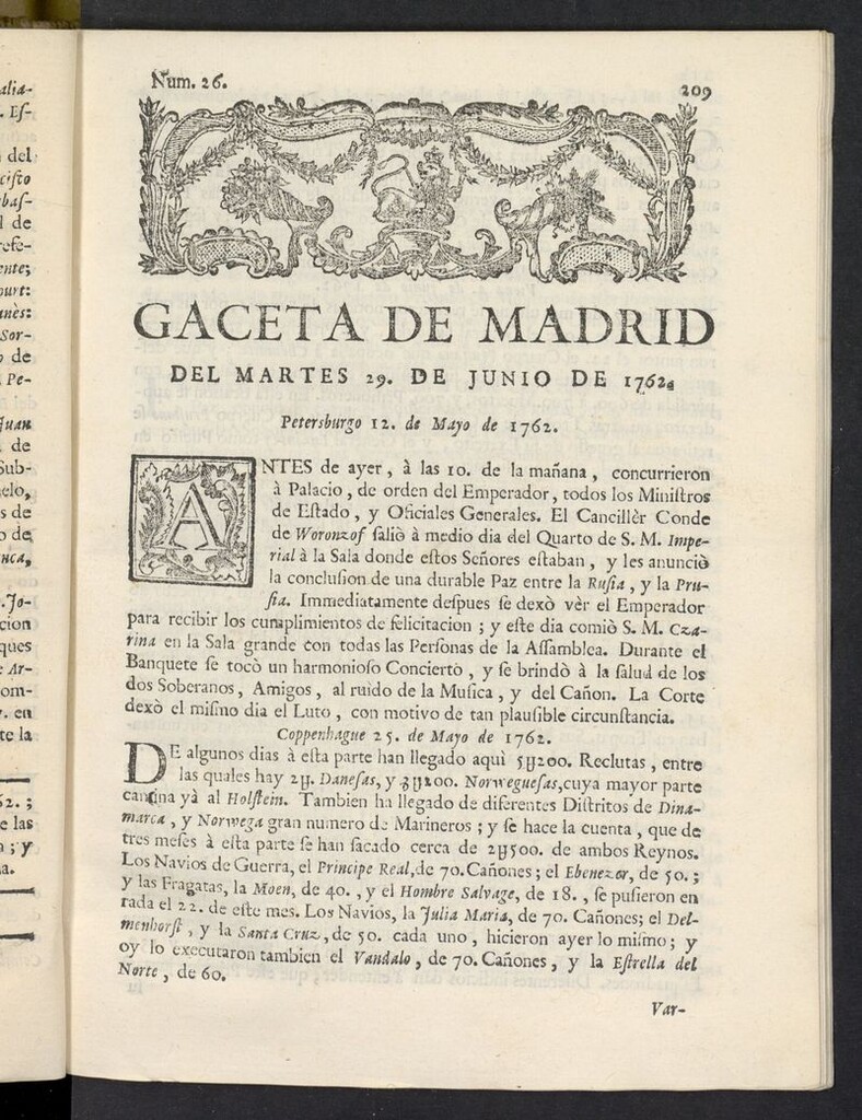 Miniatura de Gaceta de Madrid del 29 de junio de 1762