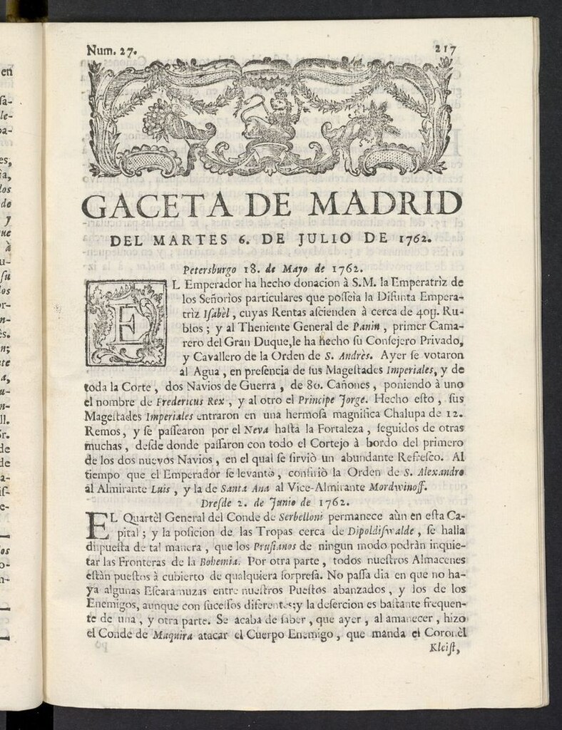 Miniatura de Gaceta de Madrid del 6 de julio de 1762