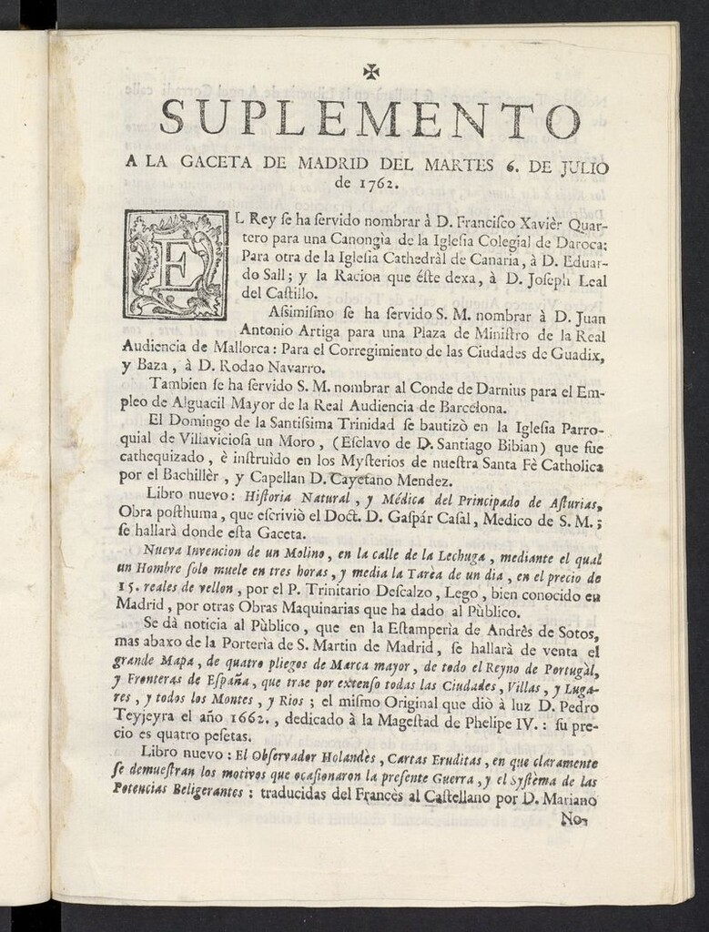 Miniatura de Gaceta de Madrid del 6 de julio de 1762, suplemento