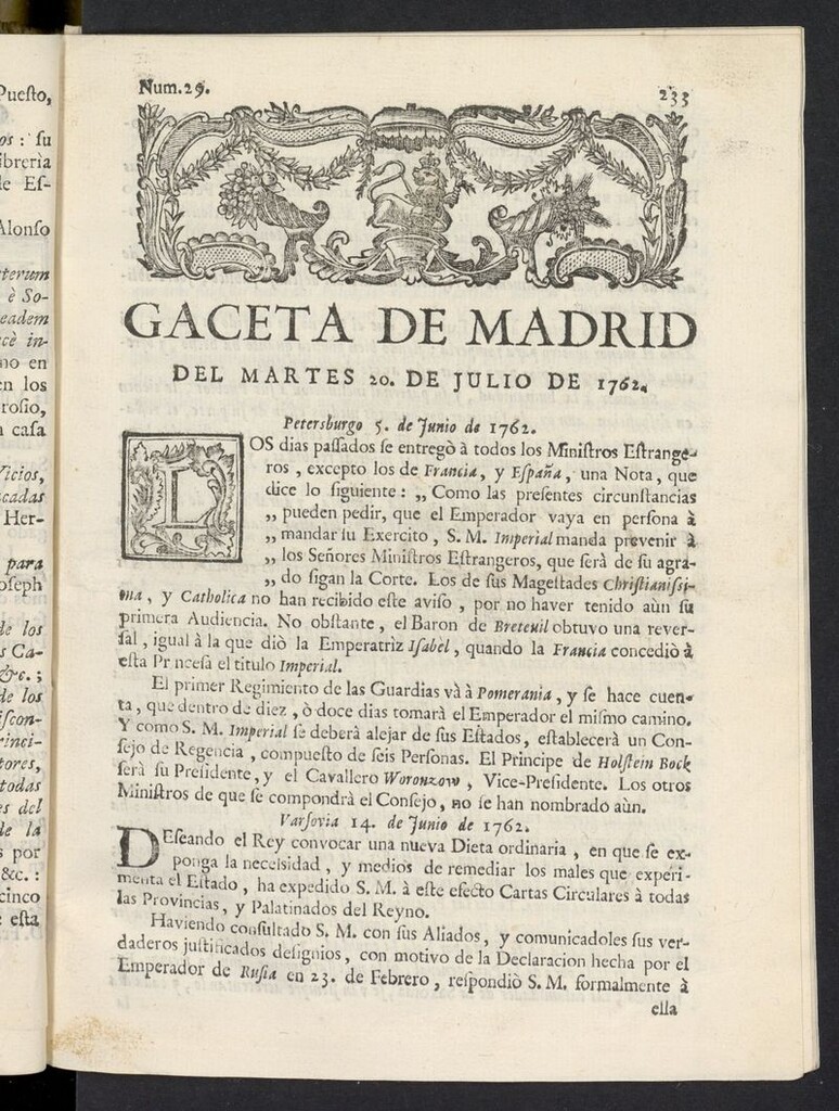 Miniatura de Gaceta de Madrid del 20 de julio de 1762