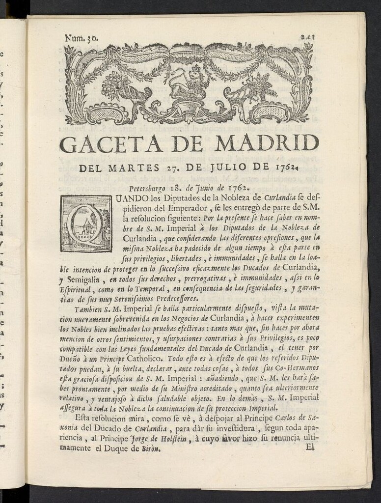 Miniatura de Gaceta de Madrid del 27 de julio de 1762