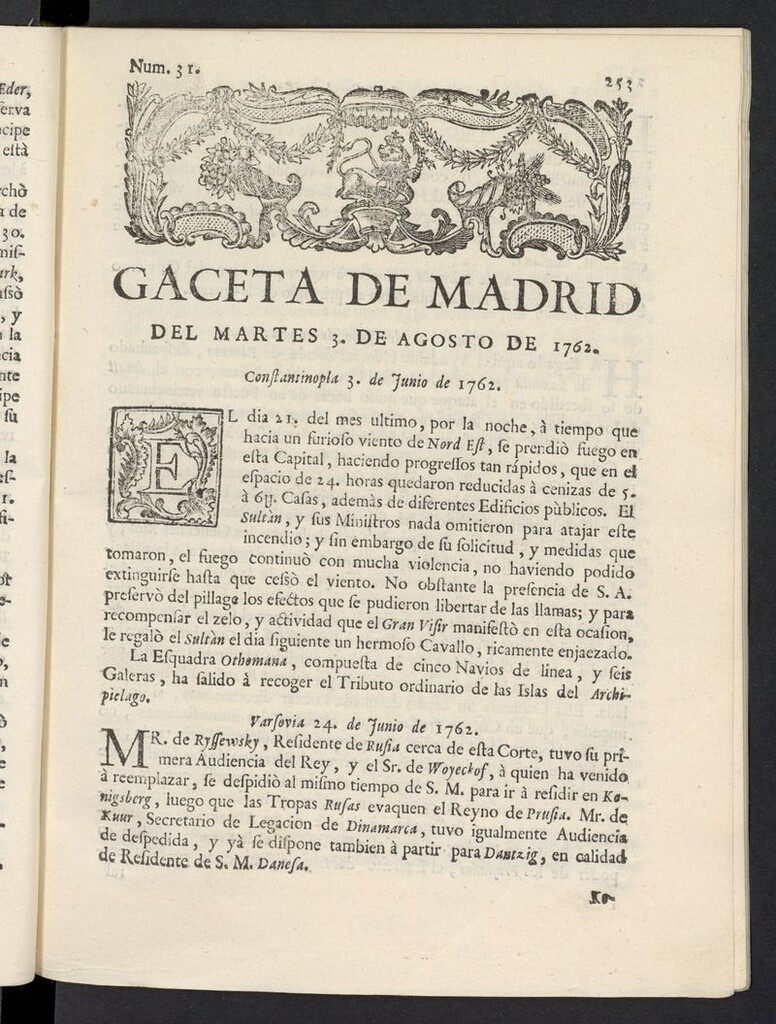 Miniatura de Gaceta de Madrid del 3 de agosto de 1762