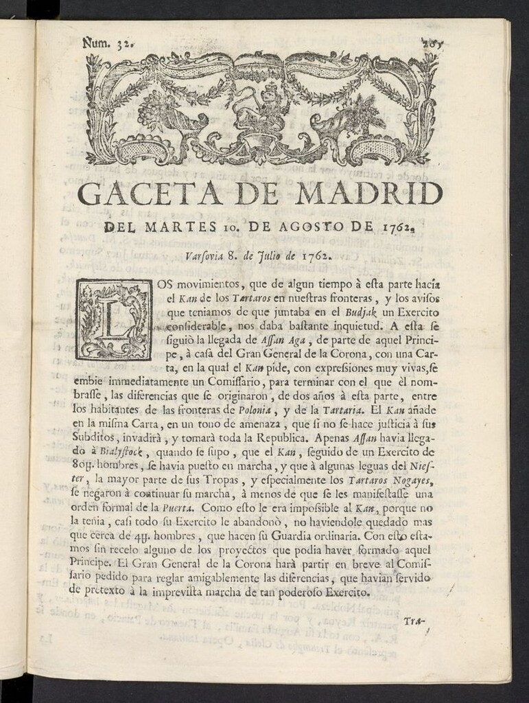 Miniatura de Gaceta de Madrid del 10 de agosto de 1762