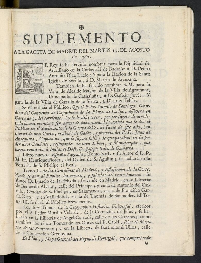 Miniatura de Gaceta de Madrid del 17 de agosto de 1762, suplemento