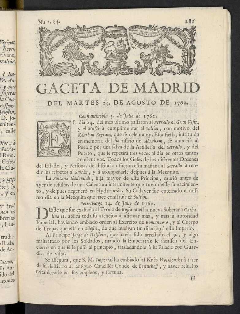 Miniatura de Gaceta de Madrid del 24 de agosto de 1762
