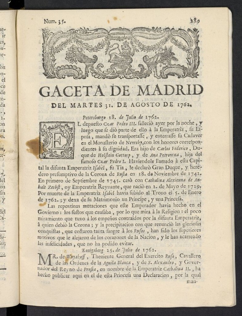 Miniatura de Gaceta de Madrid del 31 de agosto de 1762