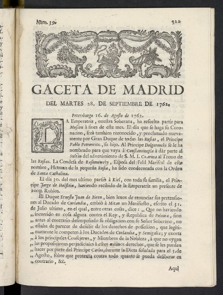 Miniatura de Gaceta de Madrid del 28 de septiembre de 1762