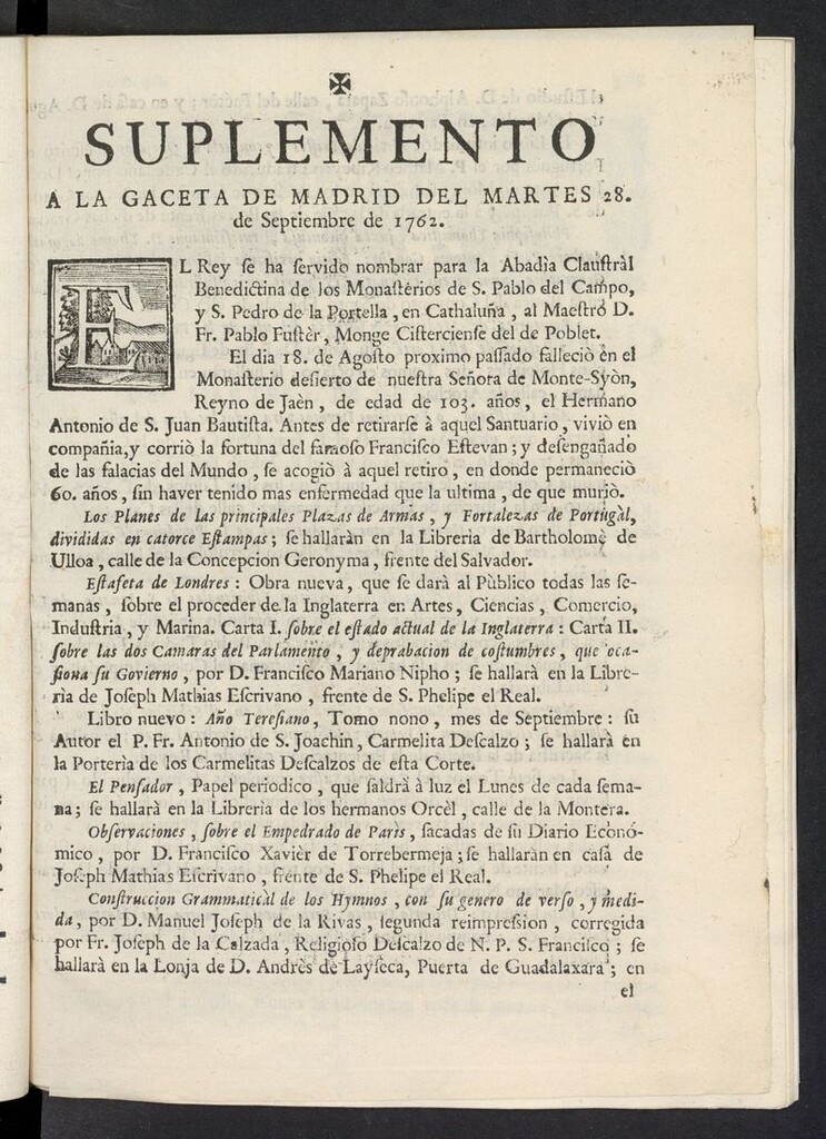 Miniatura de Gaceta de Madrid del 28 de septiembre de 1762