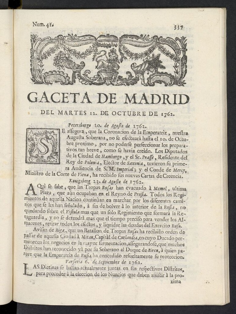 Miniatura de Gaceta de Madrid del 12 de octubre de 1762