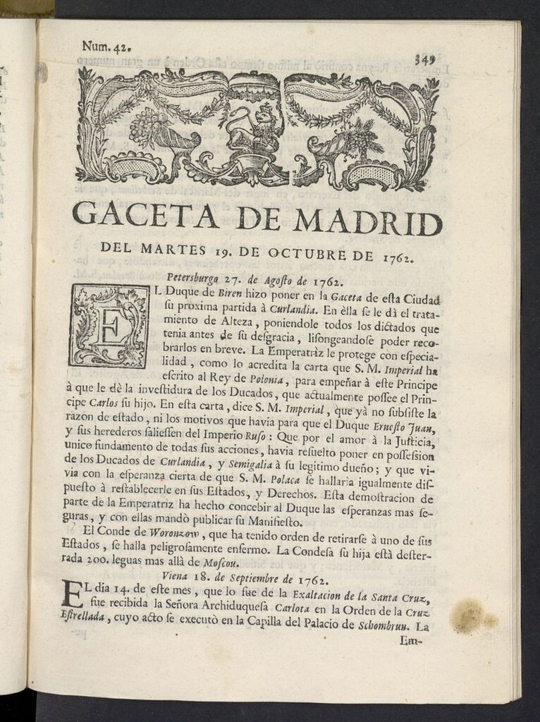 Miniatura de Gaceta de Madrid del 19 de octubre de 1762