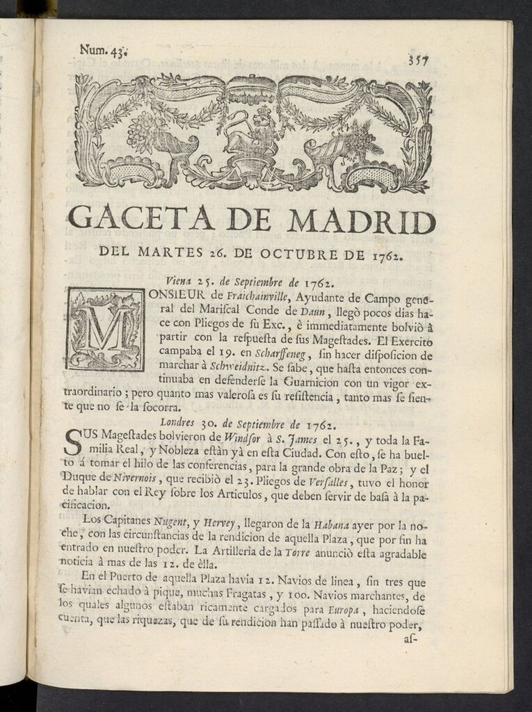 Miniatura de Gaceta de Madrid del 26 de octubre de 1762