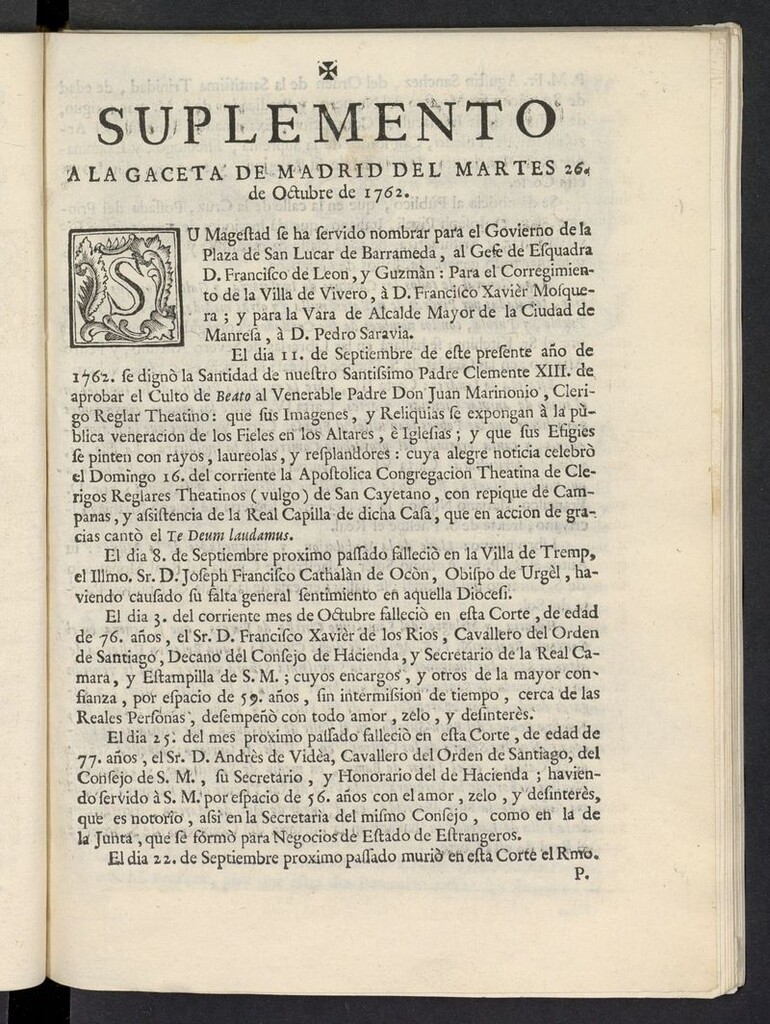Miniatura de Gaceta de Madrid del 26 de octubre de 1762, suplemento