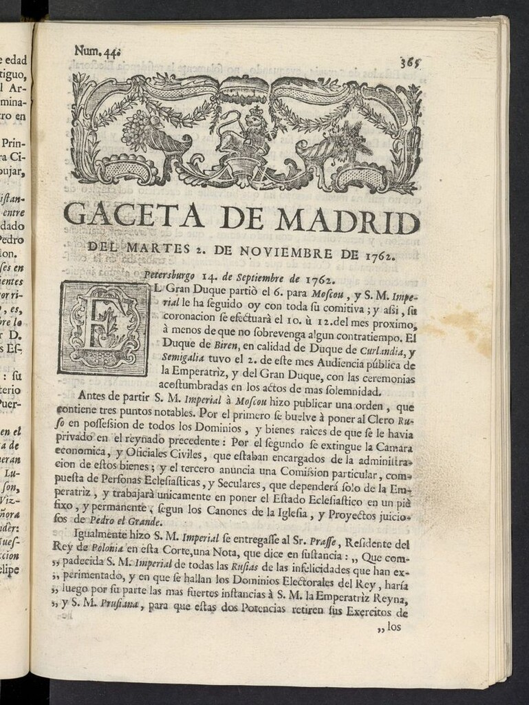Miniatura de Gaceta de Madrid del 2 de noviembre de 1762