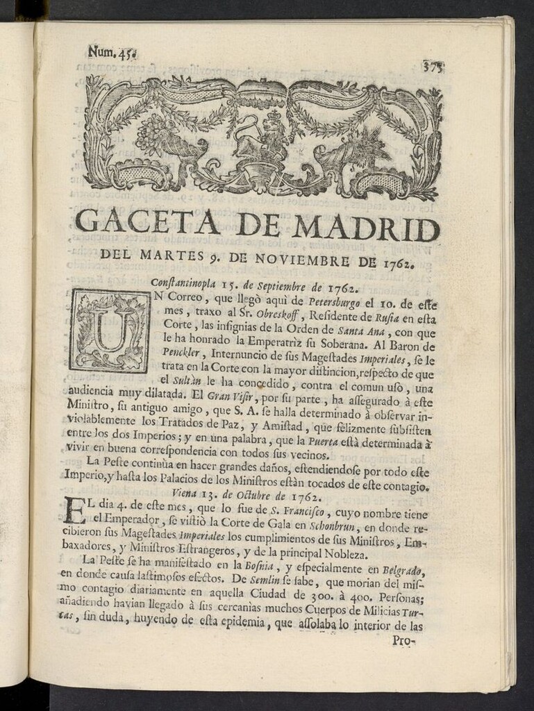 Miniatura de Gaceta de Madrid del 9 de noviembre de 1762