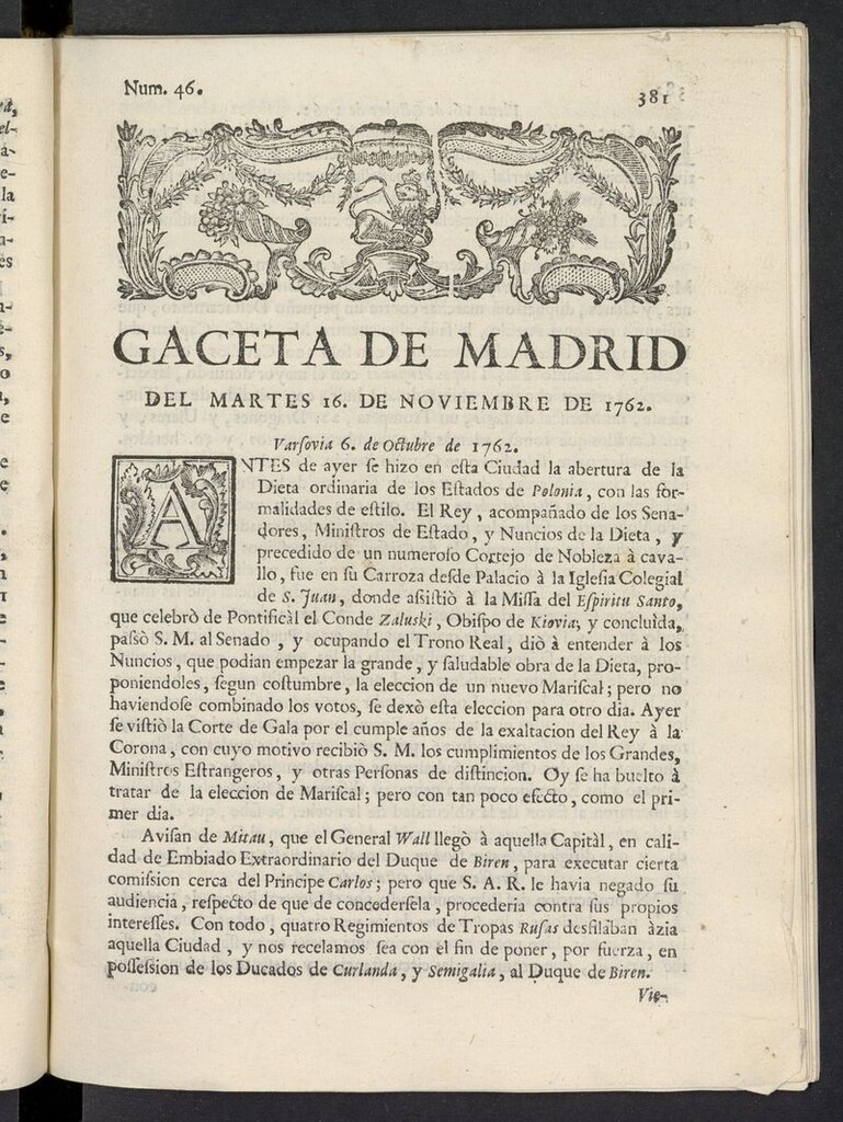 Miniatura de Gaceta de Madrid del 16 de noviembre de 1762