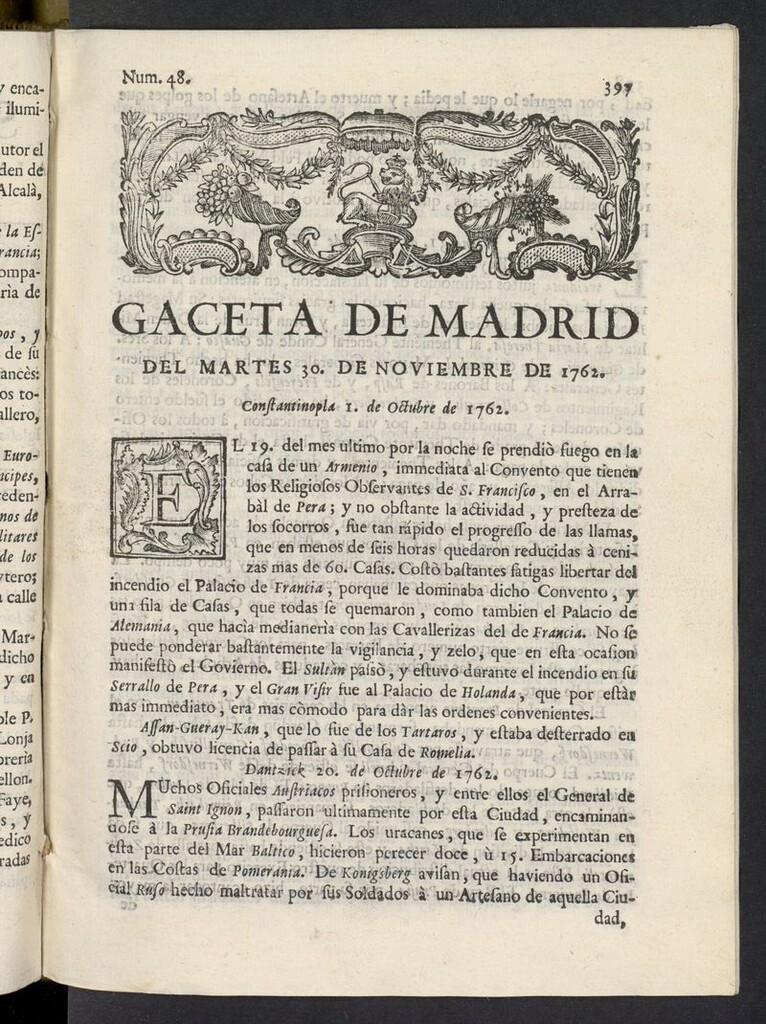 Miniatura de Gaceta de Madrid del 30 de noviembre de 1762