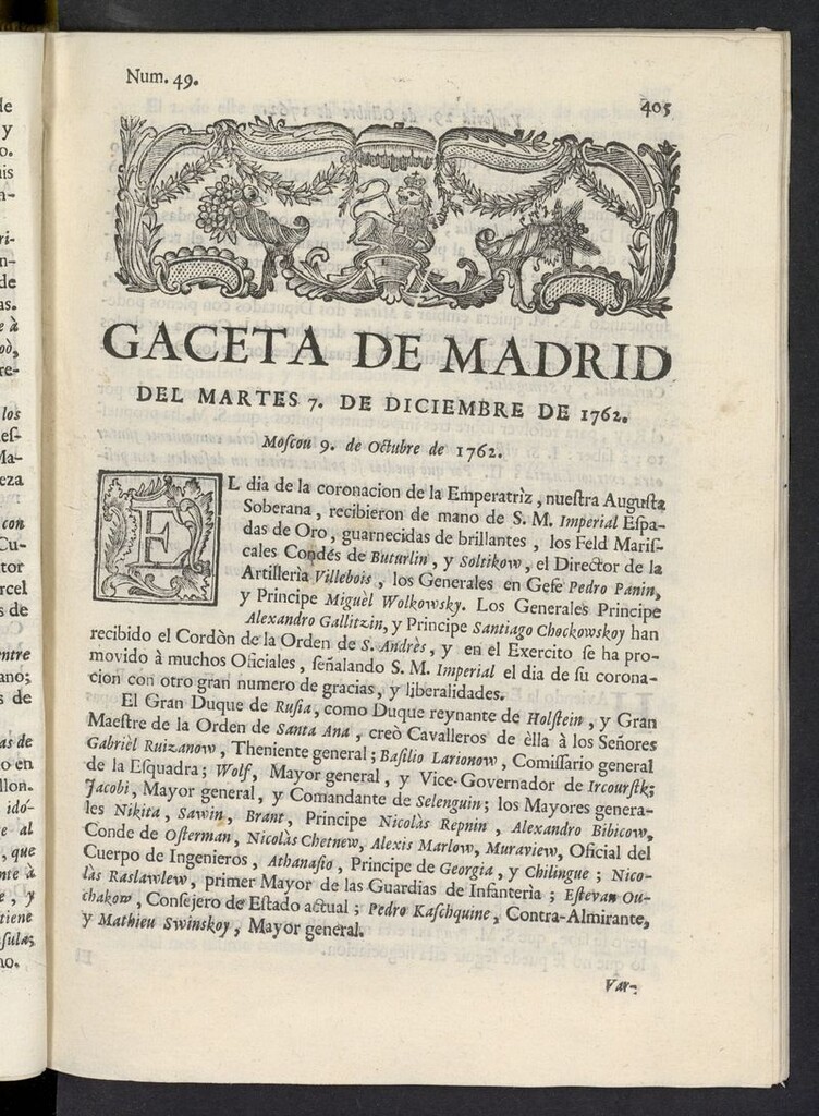 Miniatura de Gaceta de Madrid del 7 de diciembre de 1762