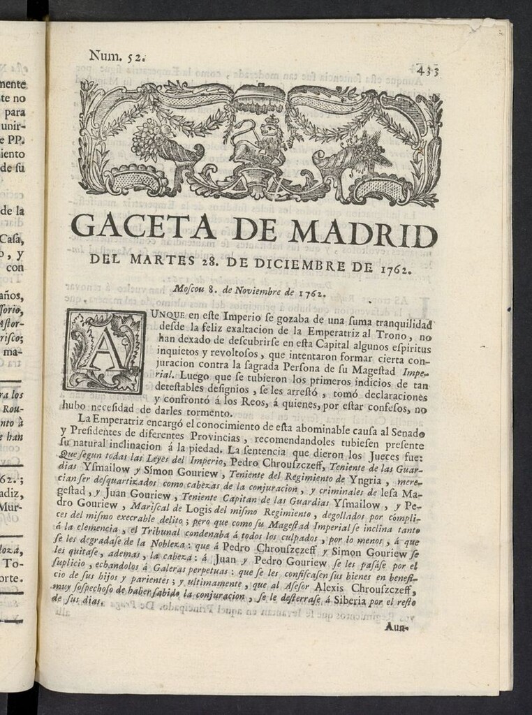 Miniatura de Gaceta de Madrid del 28 de diciembre de 1762