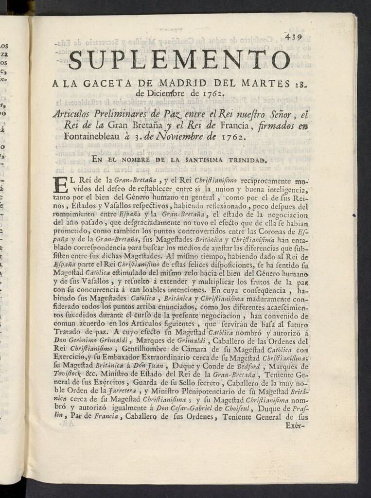 Miniatura de Gaceta de Madrid del 28 de diciembre de 1762, suplemento. Articulos preliminares de paz
