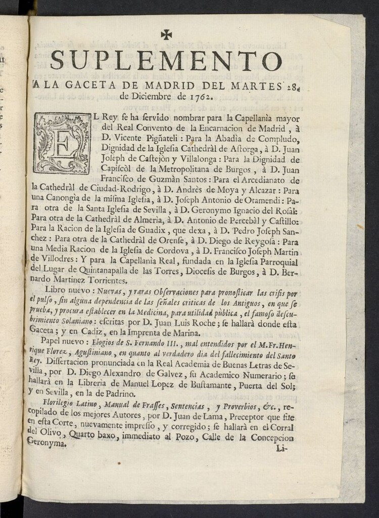 Miniatura de Gaceta de Madrid del 28 de diciembre de 1762, suplemento