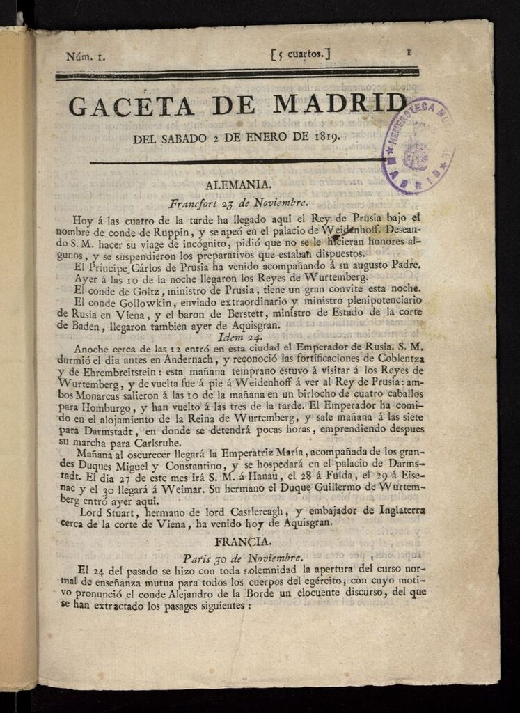Miniatura de Gazeta de Madrid del 2 de enero de 1819