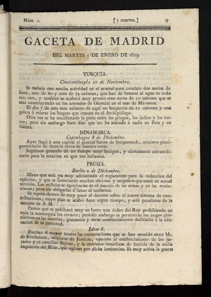 Miniatura de Gazeta de Madrid del 5 de enero de 1819