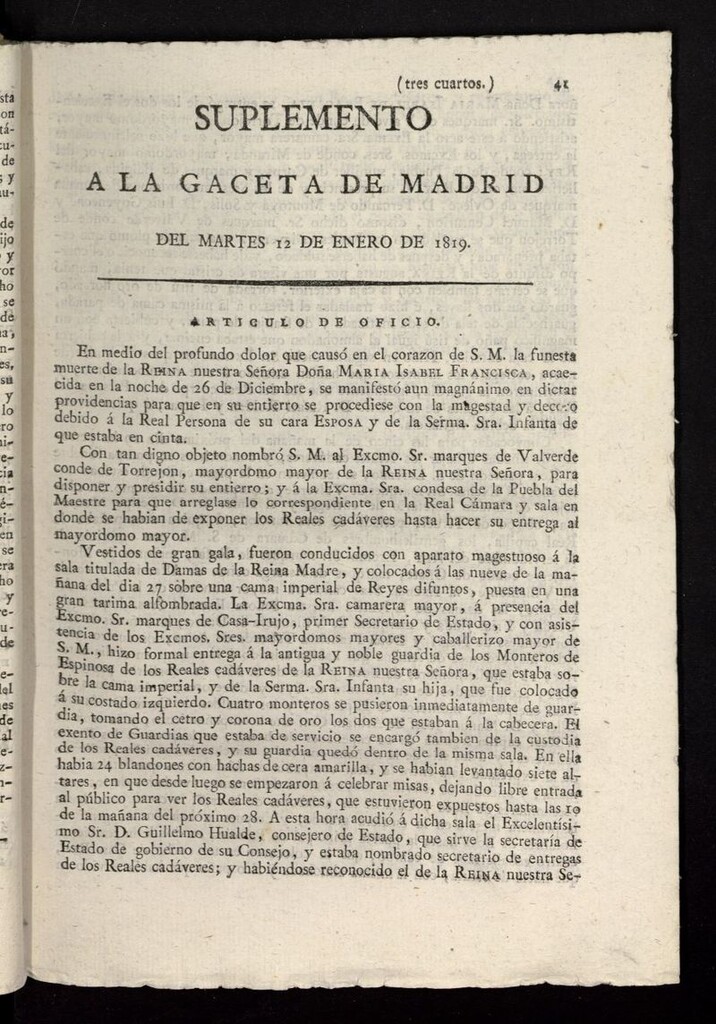 Miniatura de Gazeta de Madrid del 12 de enero de 1819, suplemento