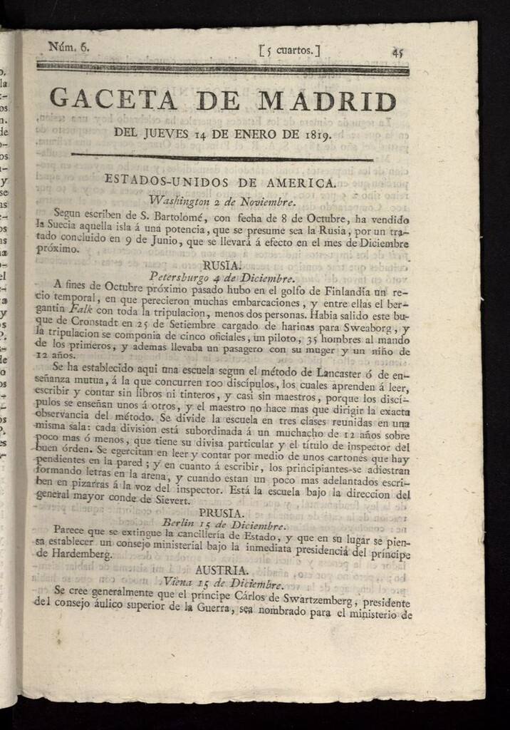 Miniatura de Gazeta de Madrid del 14 de enero de 1819