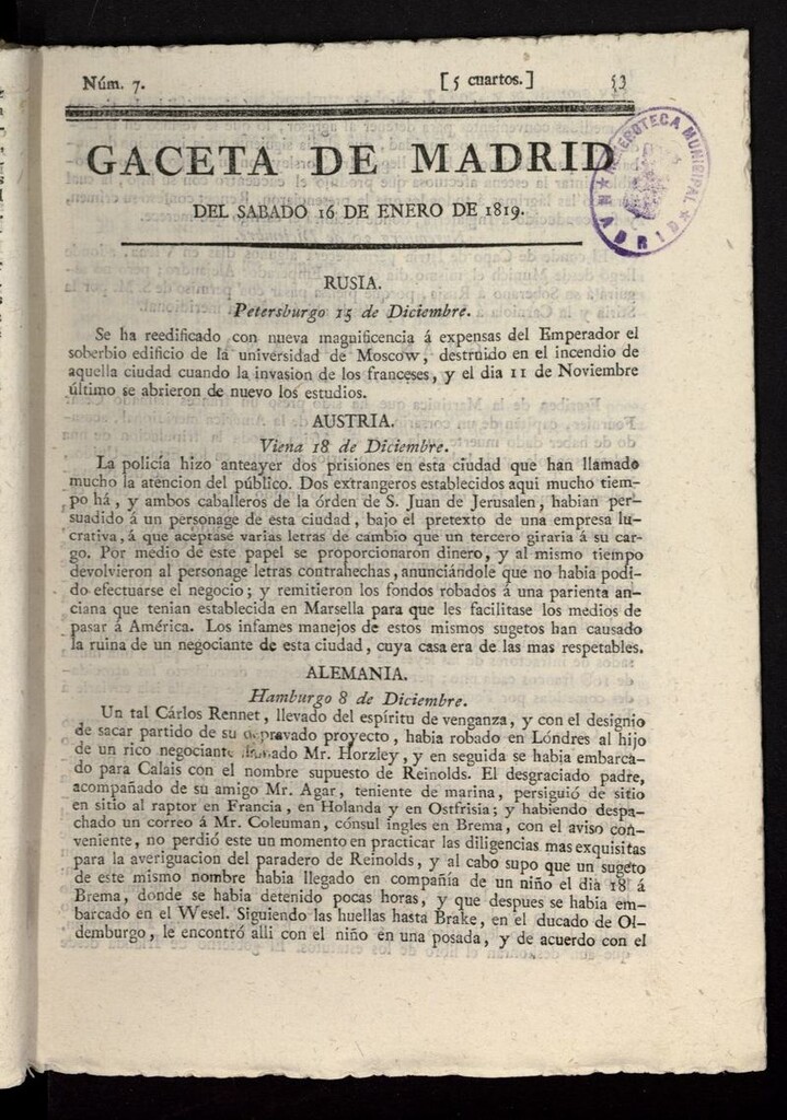 Miniatura de Gazeta de Madrid del 16 de enero de 1819