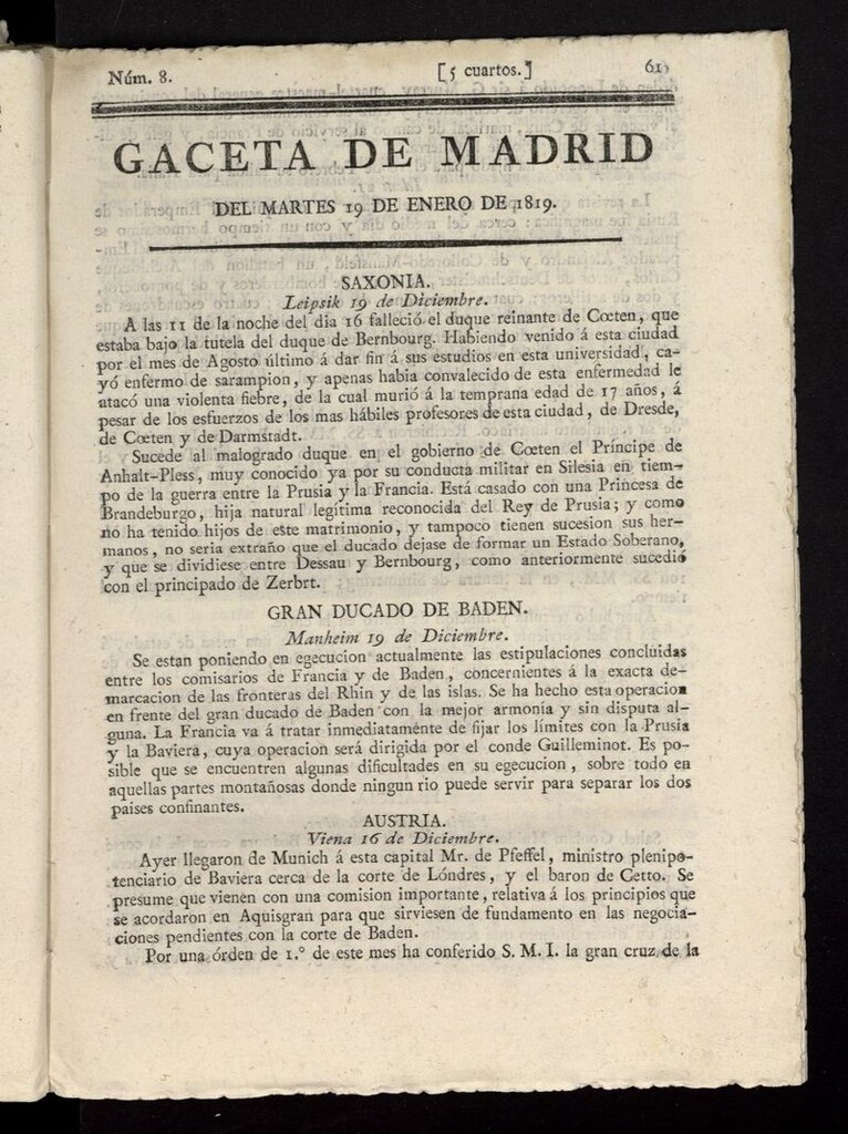 Miniatura de Gazeta de Madrid del 19 de enero de 1819