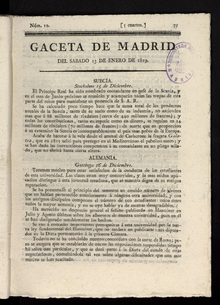 Miniatura de Gazeta de Madrid del 23 de enero de 1819