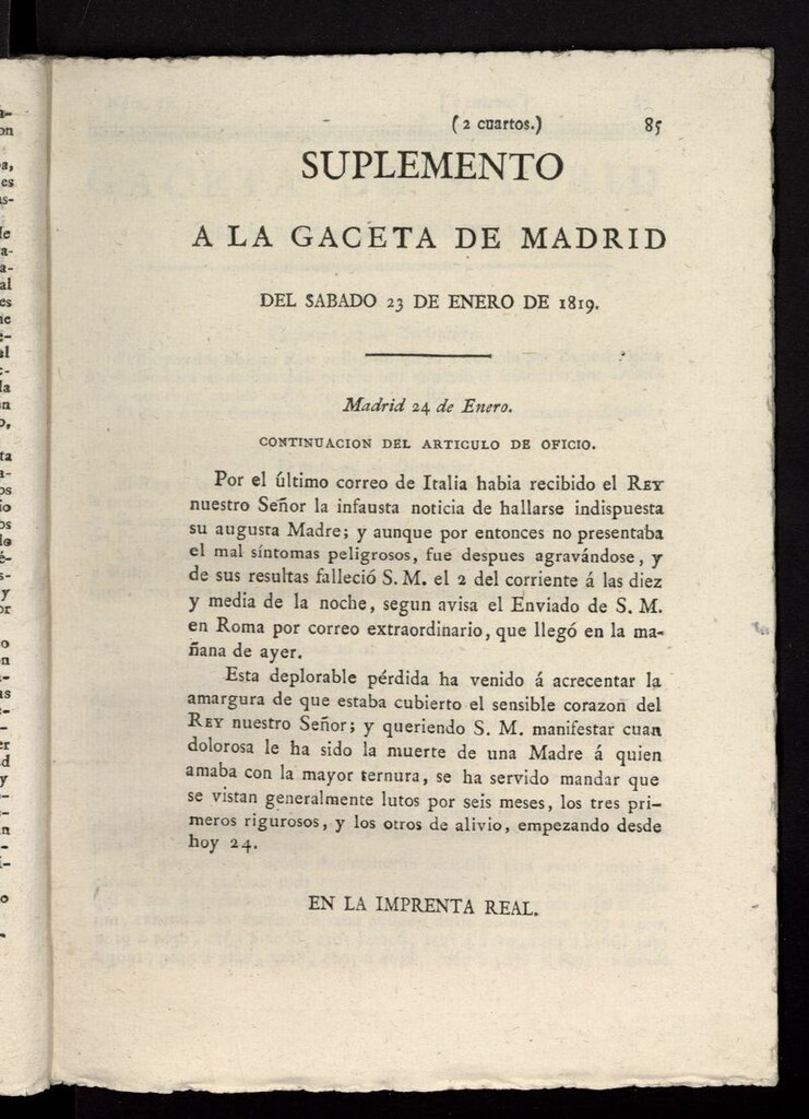 Miniatura de Gazeta de Madrid del 23 de enero de 1819, suplemento