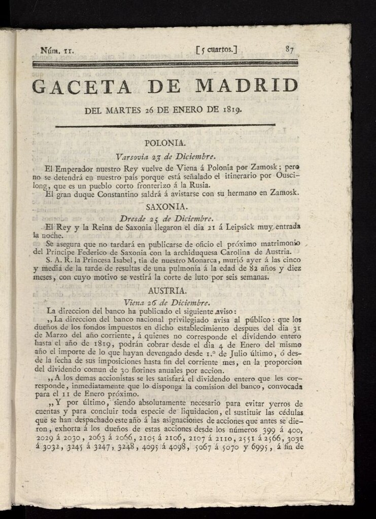 Miniatura de Gazeta de Madrid del 26 de enero de 1819