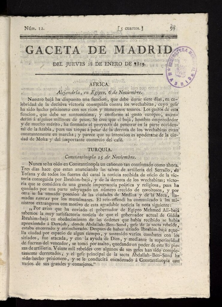 Miniatura de Gazeta de Madrid del 28 de enero de 1819