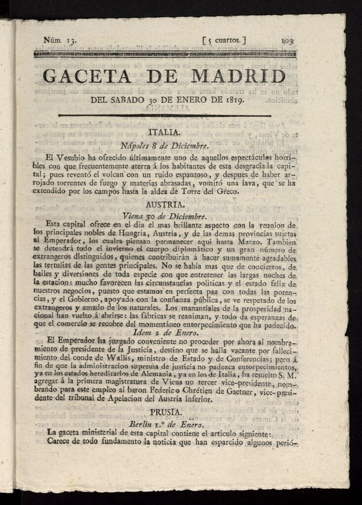 Miniatura de Gazeta de Madrid del 30 de enero de 1819