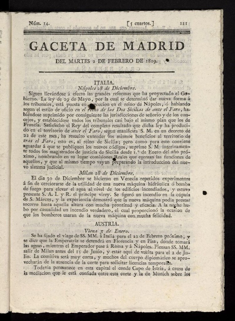 Miniatura de Gazeta de Madrid del 2 de febrero de 1819